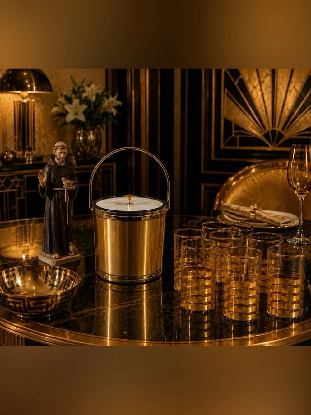Mid-Century Modern Vintage Gold Ice Bucket Elegance Kraftware NJ Fine Art Deco